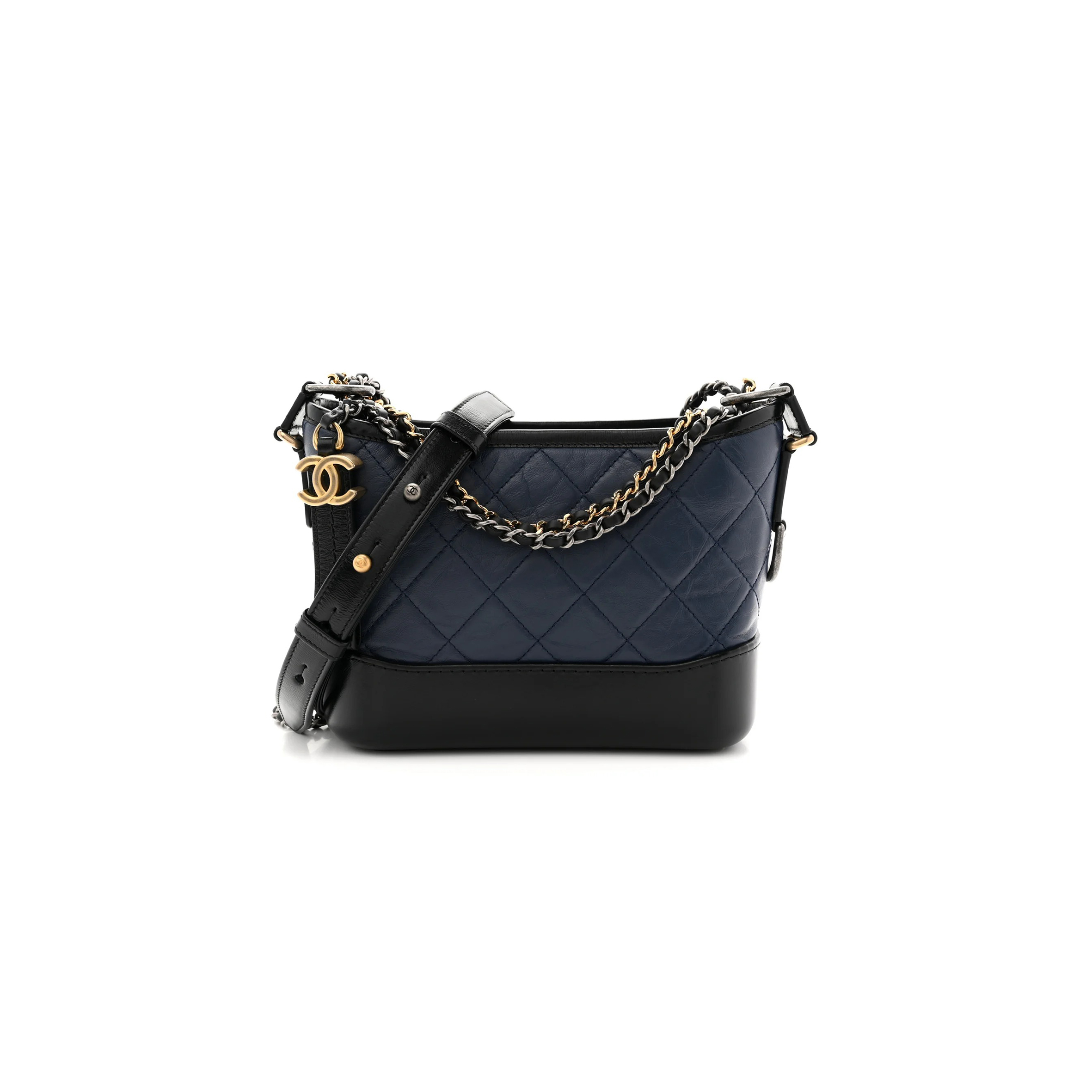 CHANEL AGED CALFSKIN QUILTED SMALL GABRIELLE HOBO NAVY BLACK A94485 (20*15*9cm)